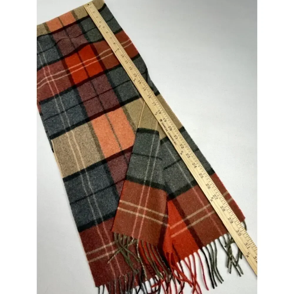 Jos. A. Bank 100% Cashmere Plaid Scarf Fringe Orange Gray Blue Autumn Gorpcore